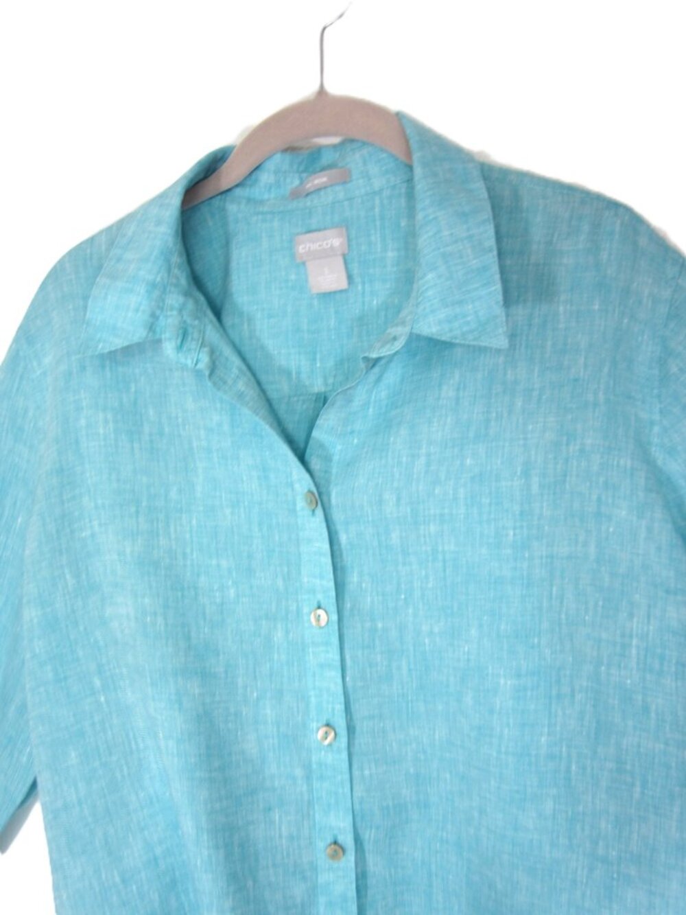 Chico's Size 3 US 16 XL No Iron Linen Button Top Women's Aqua Blue 3/4 Sleeve - Picture 2 of 10